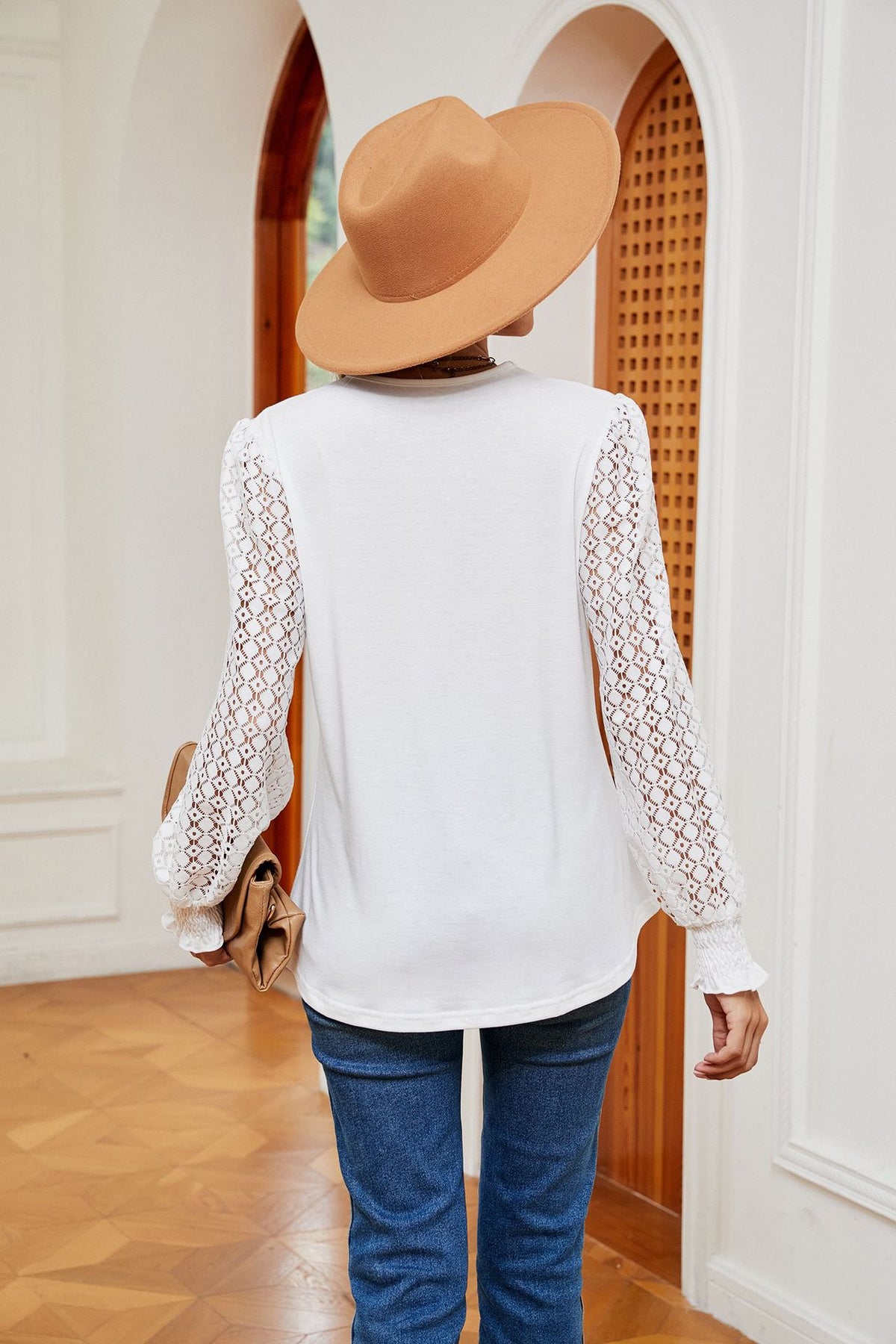 Women's V-Neck Lace Crochet Long Sleeve Tunic Top