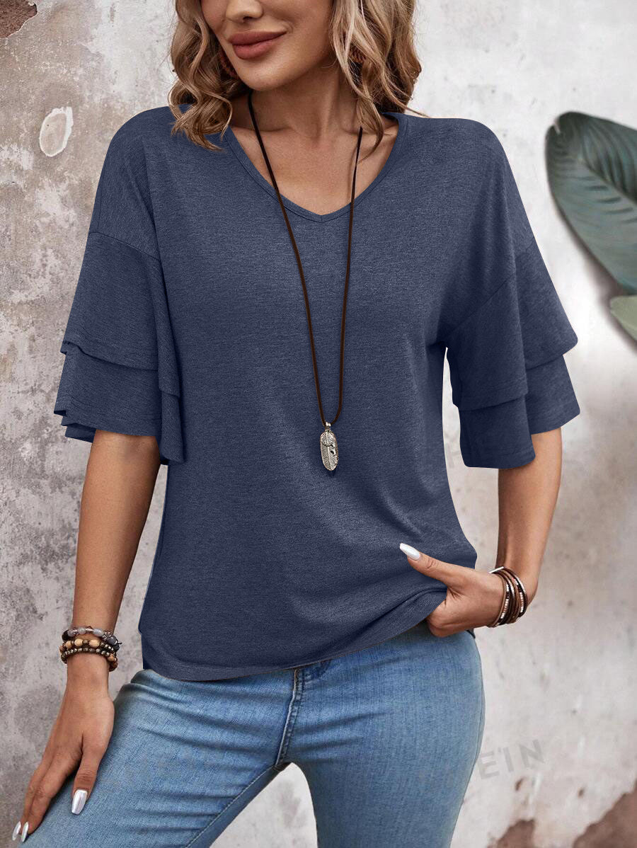 Summer V Neck Ruffle Sleeve Loose Fit Women’s Top