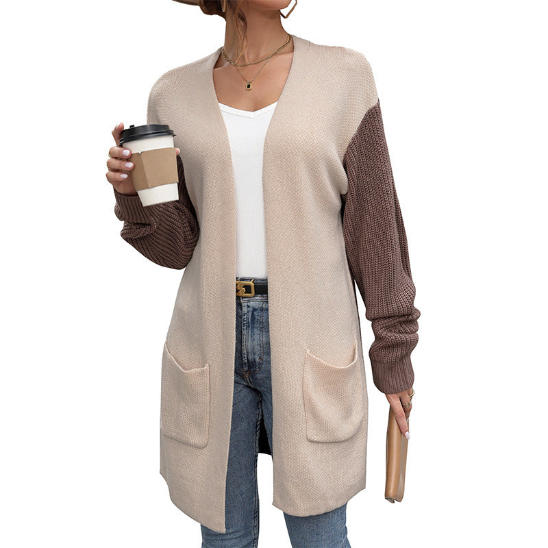 Fall Colorblock Knit Cardigan with Long Sleeves and Pockets