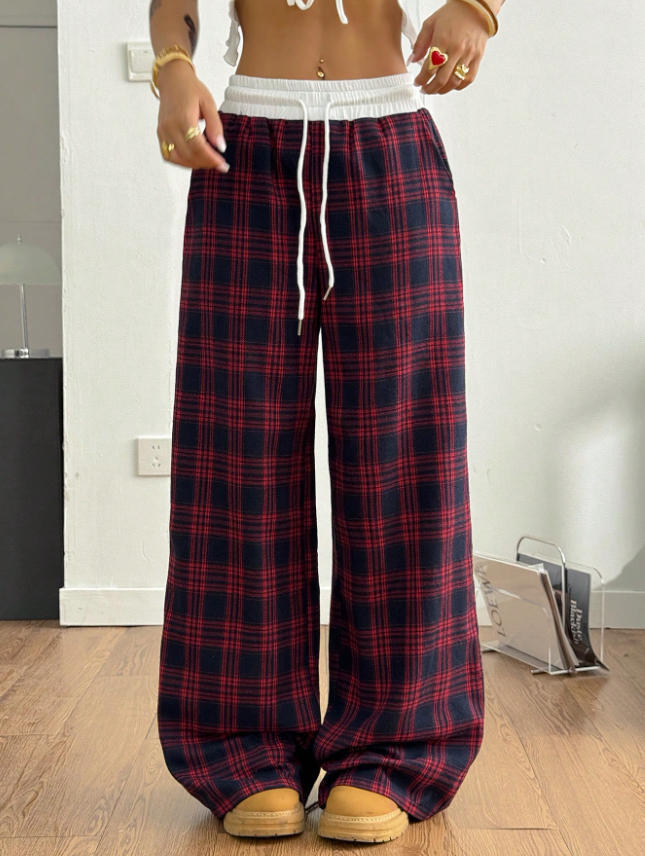 Plaid Wide Leg Pants Drawstring Elastic Waist Casual