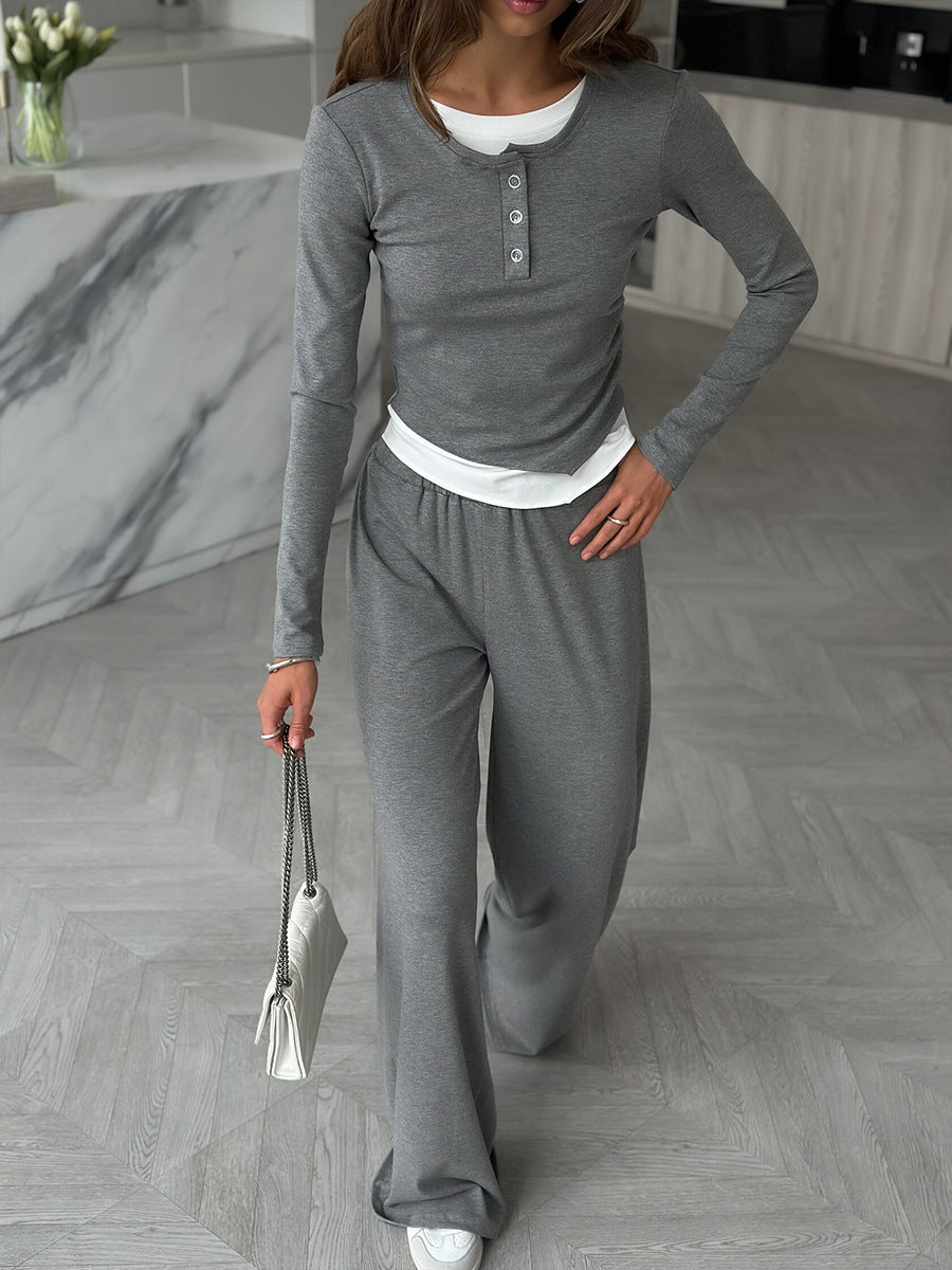 Layered-Look Henley Lounge Set with Wide Leg Pants