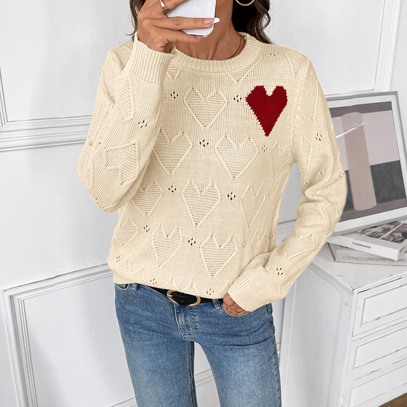 Heart Knit Sweater Hollow Out Long Sleeve Casual Pullover
