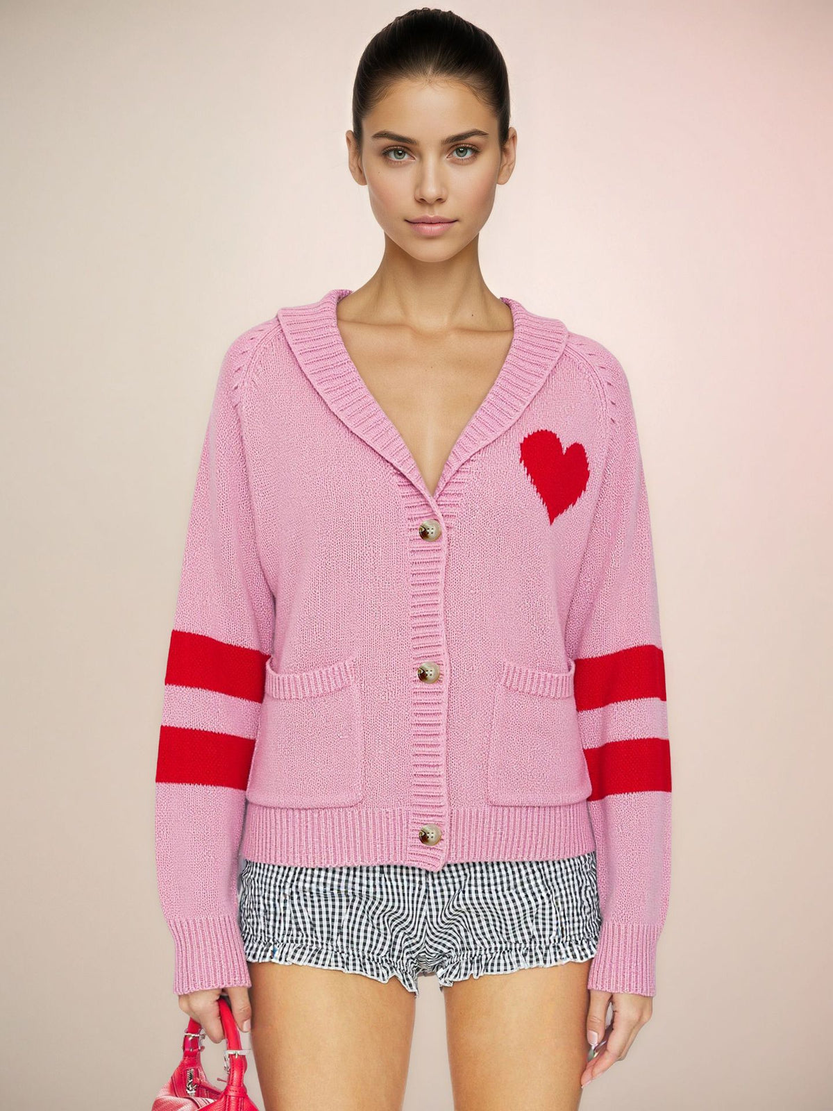 Women's Heart Striped Sleeve Knit Cardigan Sweater