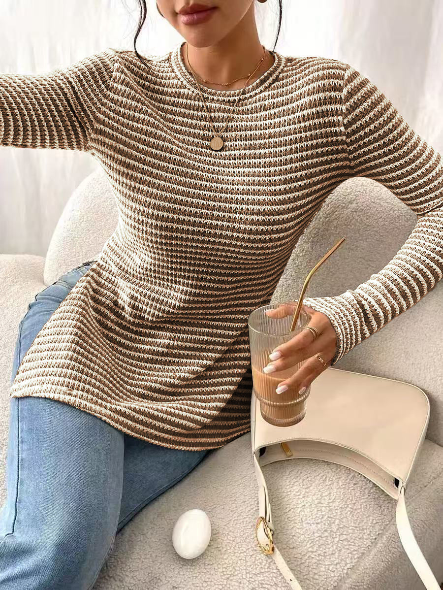 Striped Knit Top Casual Tunic Slim Fit Long Sleeve