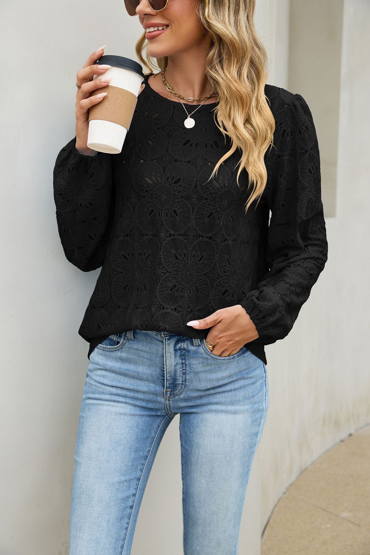 Eyelet Lace V Neck Top Long Sleeve Loose Casual Blouse