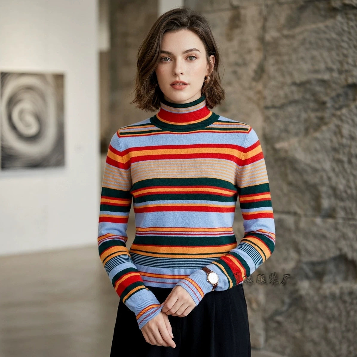 Women's Color Block Striped Turtleneck Knit Sweater