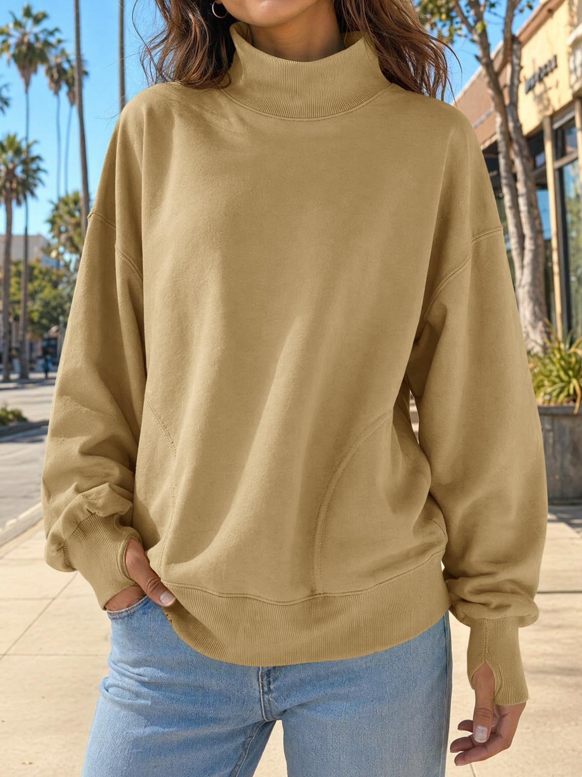 Mock Neck Oversized Womens Sweatshirt Solid Pullover Top