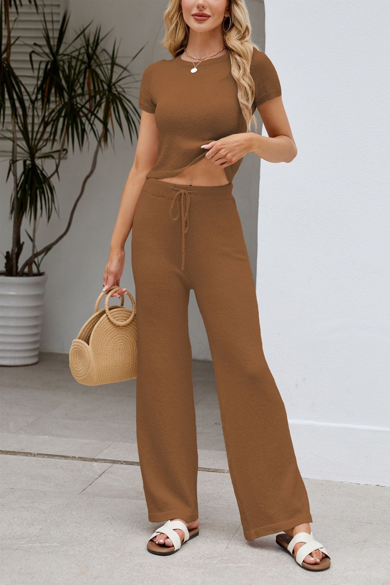 Solid Knit Short Sleeve Top and Pants Set
