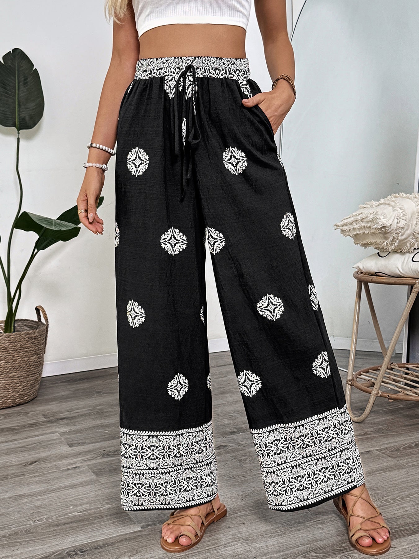 Boho Print Elastic Waist Wide Leg Vacation Pants