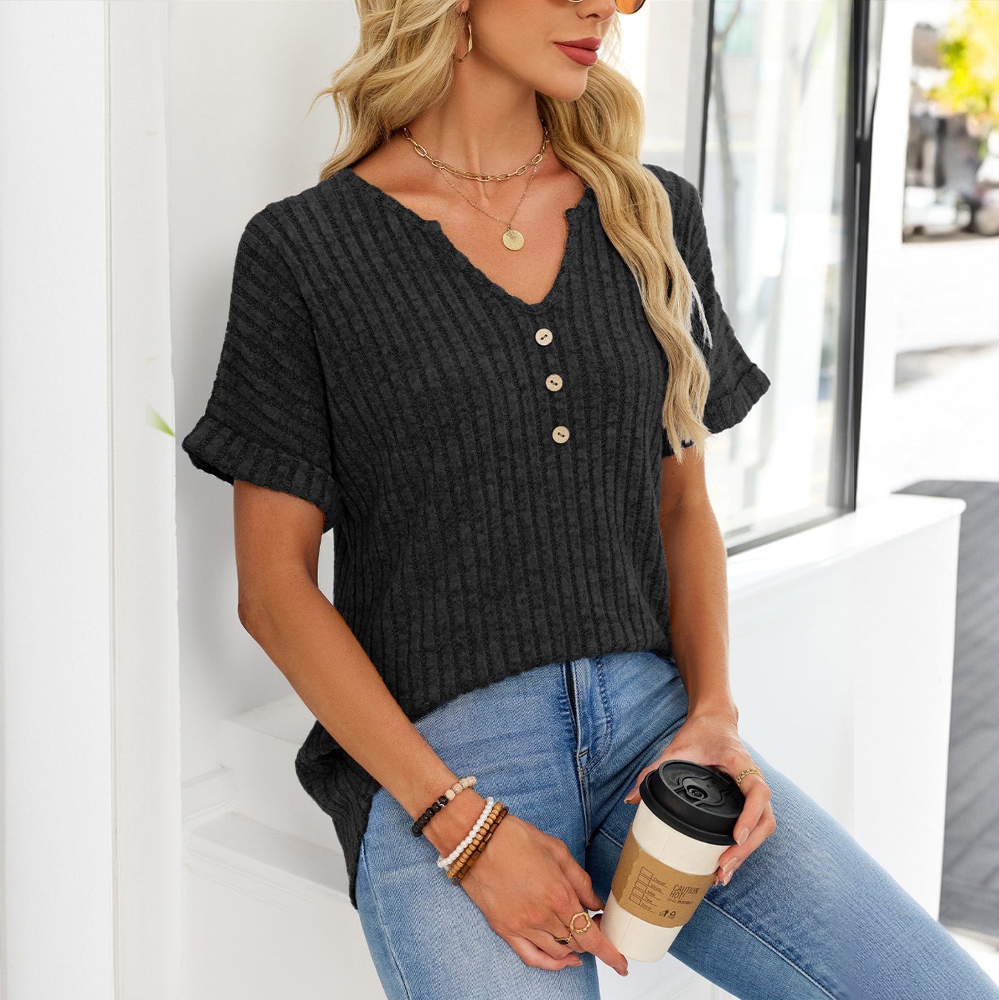 Ribbed Knit Tunic Top Button V Neck Tee