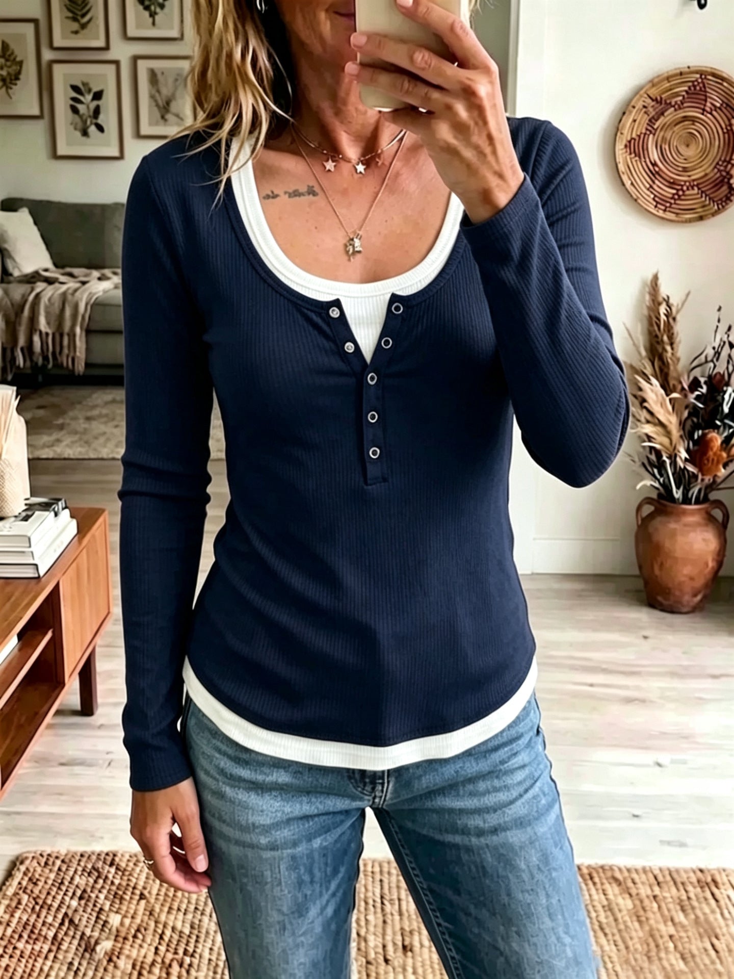 Ribbed Henley Top Layered Look Long Sleeve
