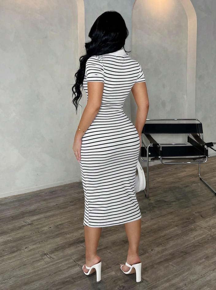 Striped Polo Collar Bodycon Midi Dress Short Sleeve Casual  Wear