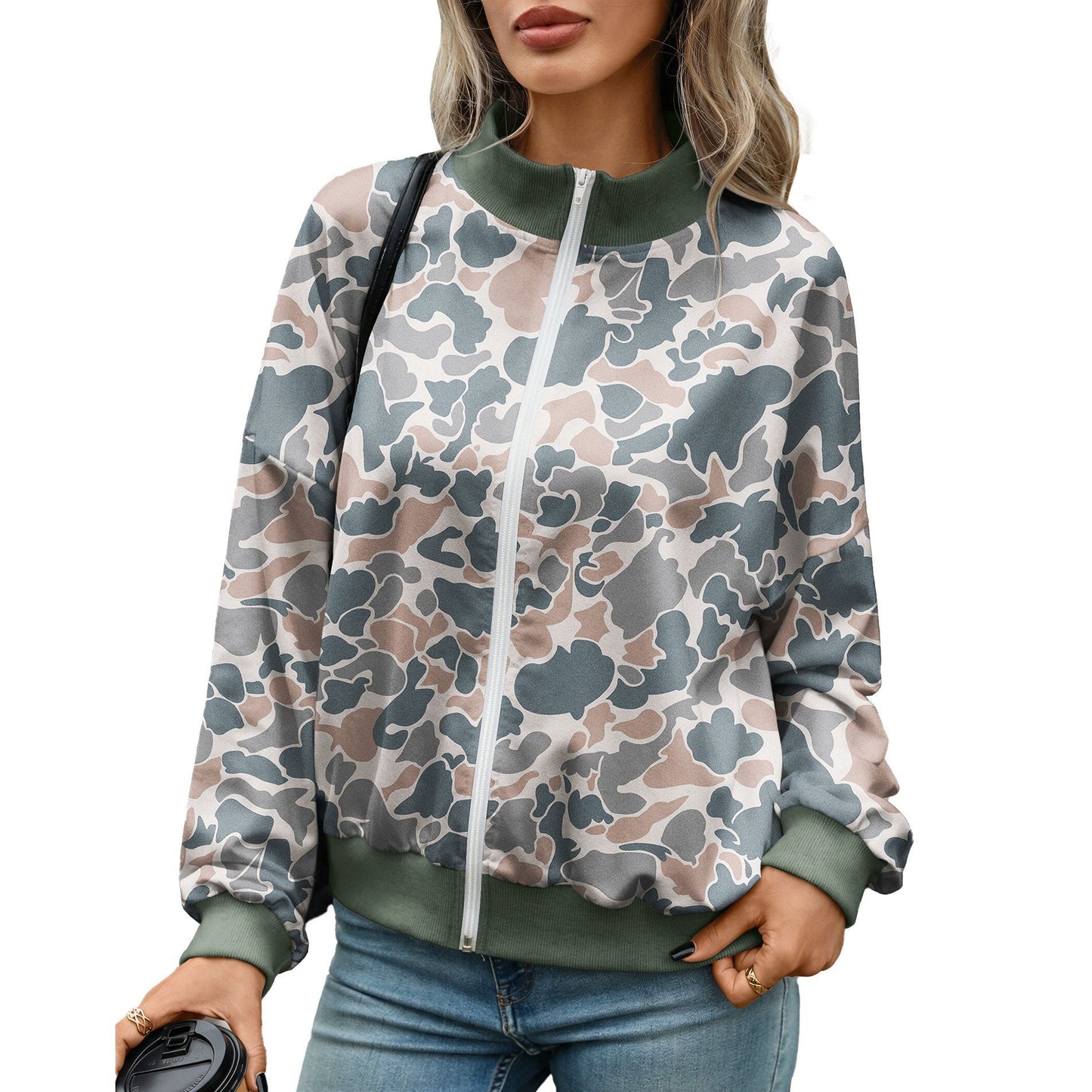 Women's Oversized Printed Zip Up Sweatshirt Mock Neck