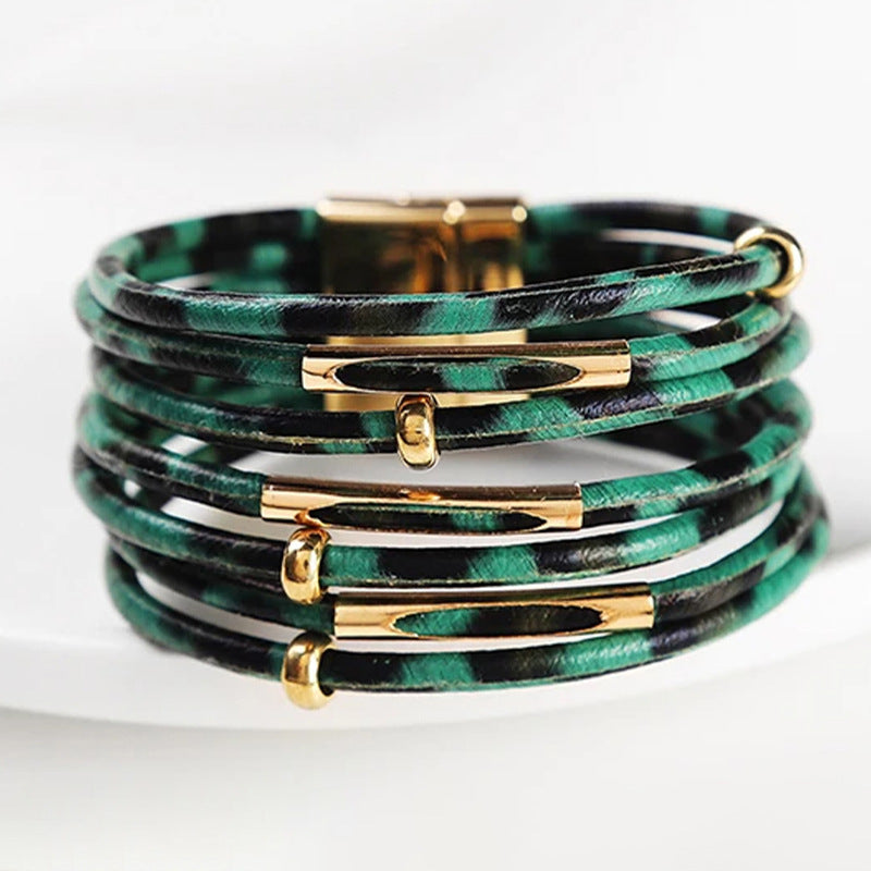 Leopard Leather Wrap Bracelet for Women Magnetic Clasp
