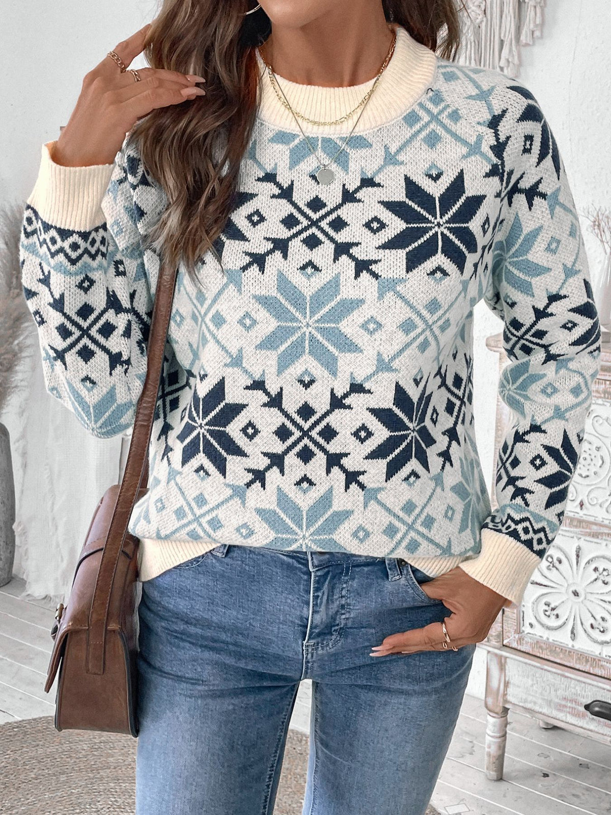 Fair Isle Snowflake Crew Neck Knit Sweater