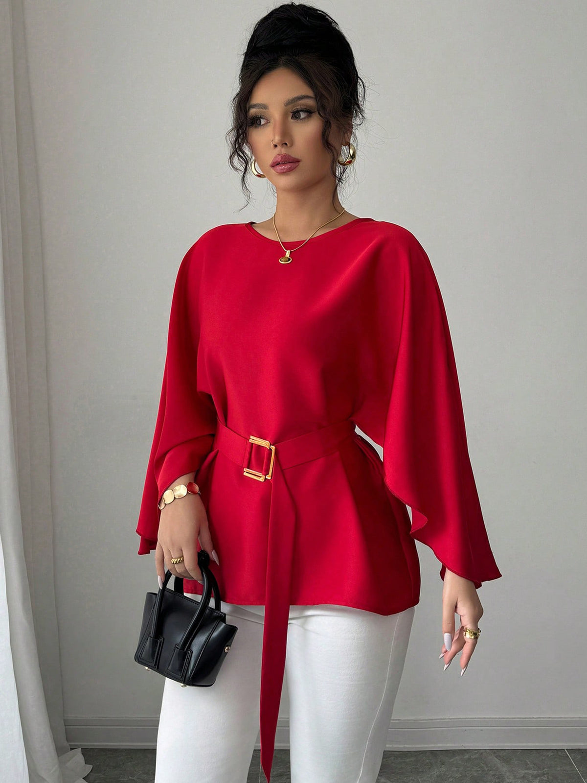 Women's French Vintage Bell Sleeve Belted Round Neck Blouse