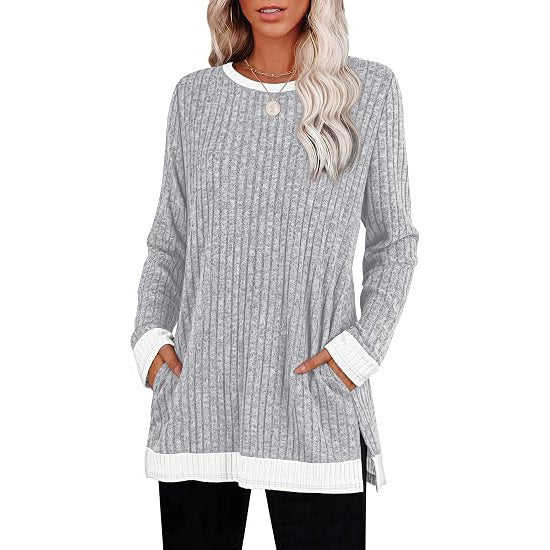 Color Block Ribbed Tunic Top Long Sleeve Pocket Side Slit