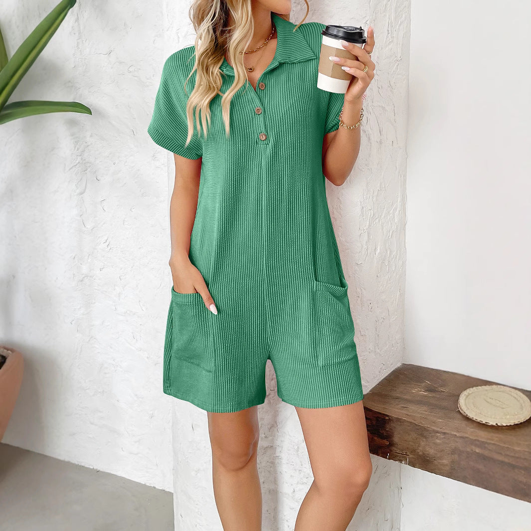 Ribbed Polo Collar Button Up Romper with Pockets