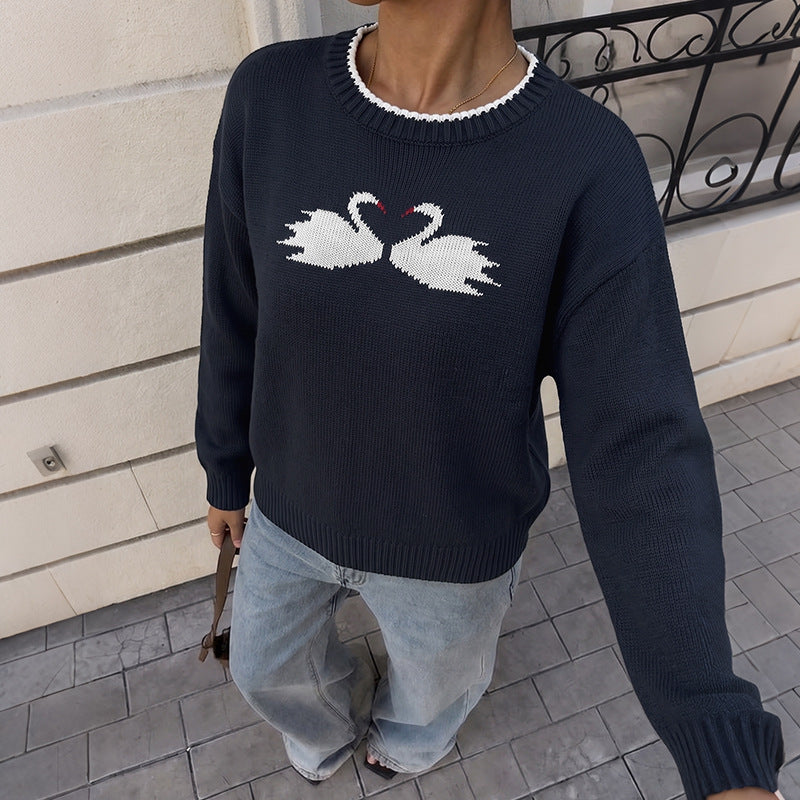 Women's Oversized Navy Swan Crew Neck Knit Sweater