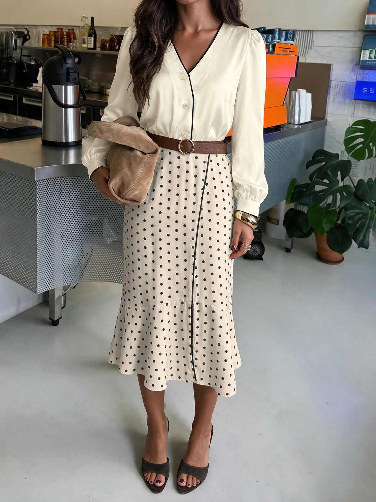 Chic Satin Blouse & Polka Dot Midi Skirt Two Piece Set