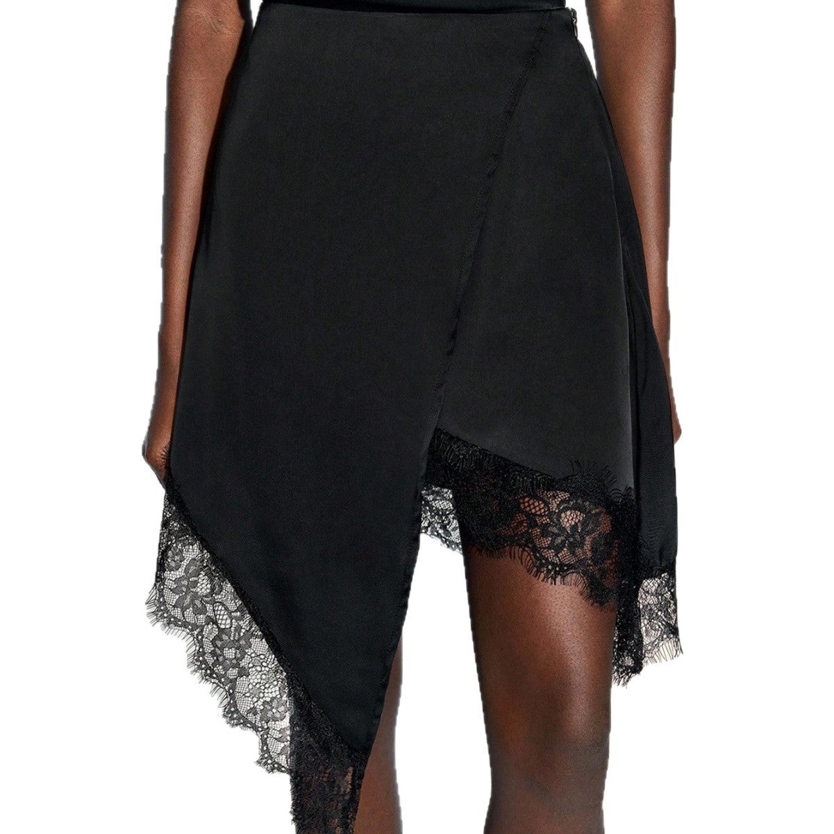 Black Lace Trim Asymmetrical Wrap Midi Skirt for Women
