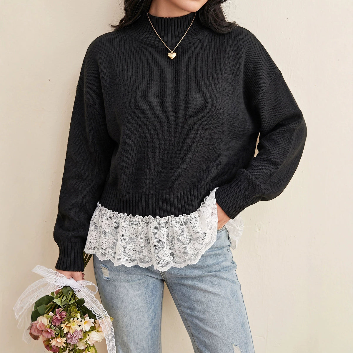 Oversized Layered Lace Hem Turtleneck Sweater