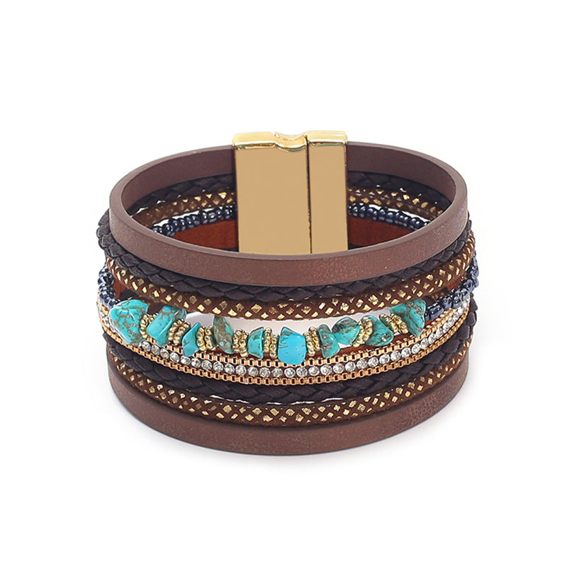 Boho Turquoise Beaded Leather Wrap Bracelet for Women