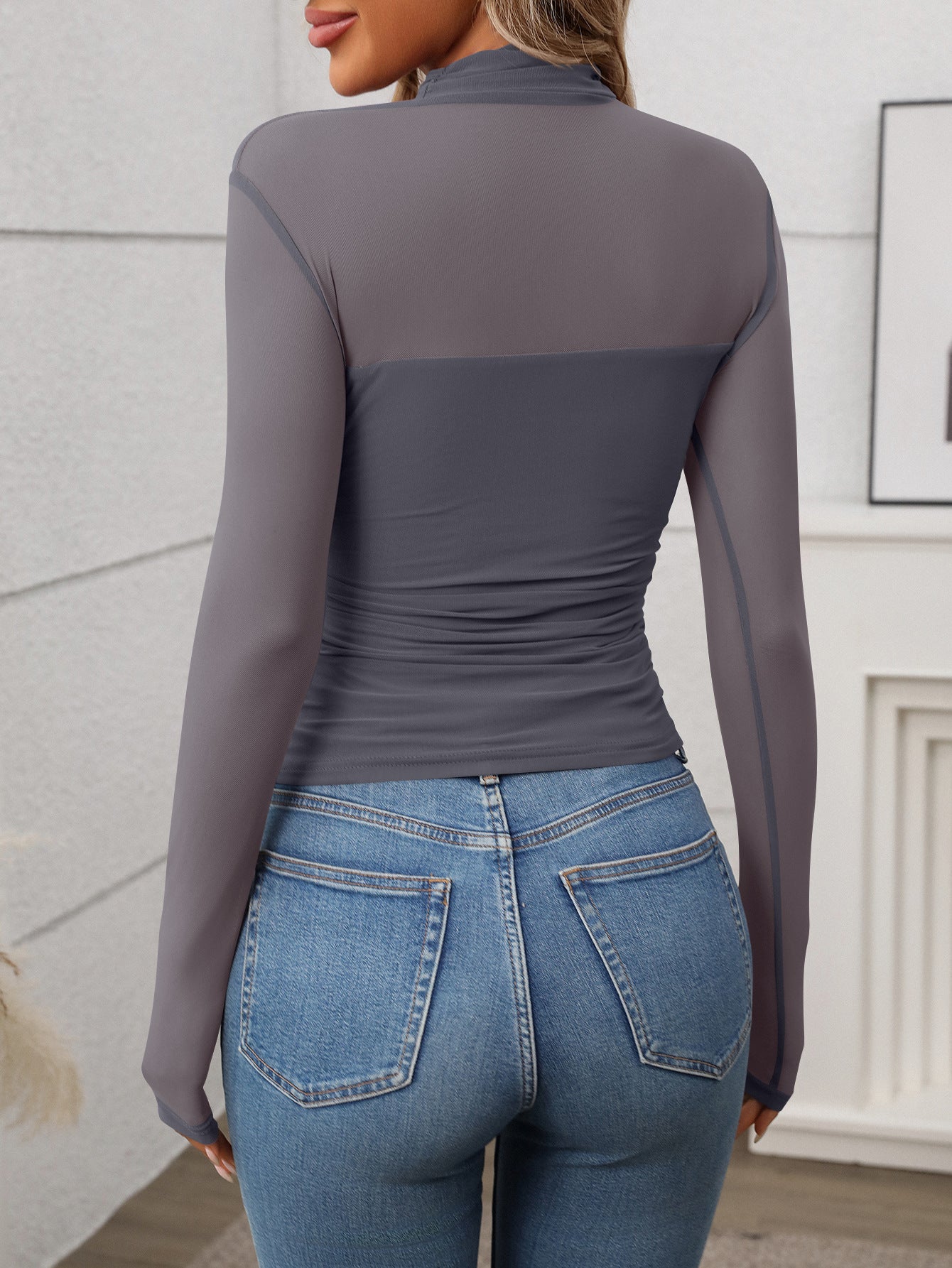 Women's Half High Neck Sheer Long Sleeve Sexy Y2K Mesh Top