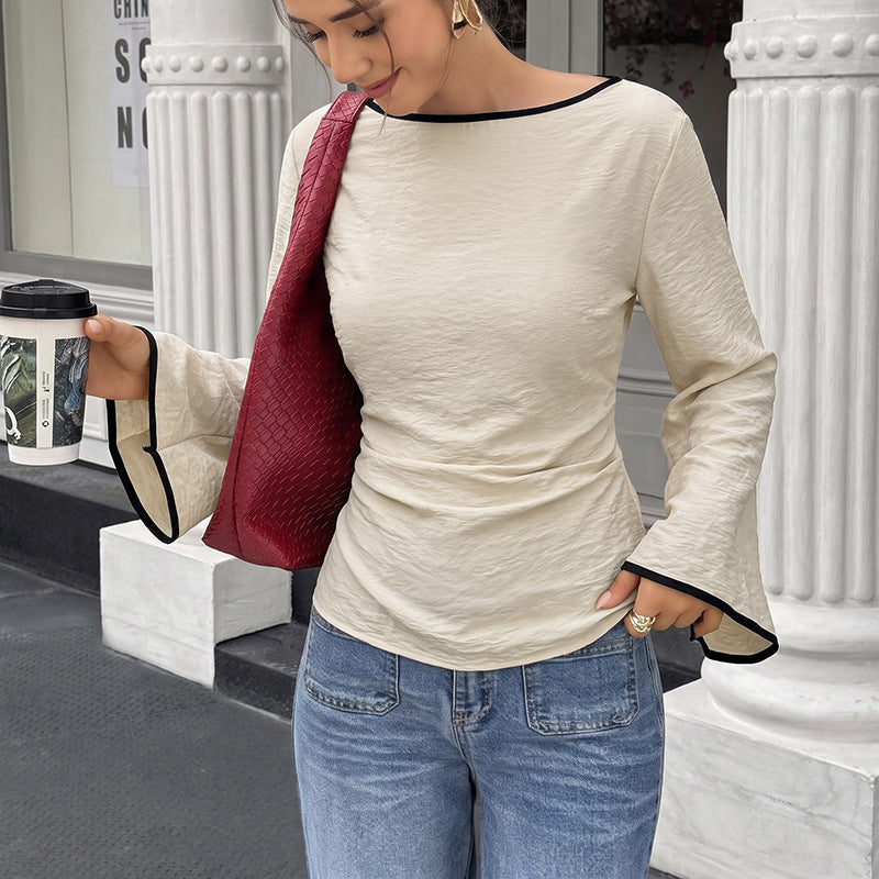 Boat Neck Ruched Tie Back Long Sleeve Top