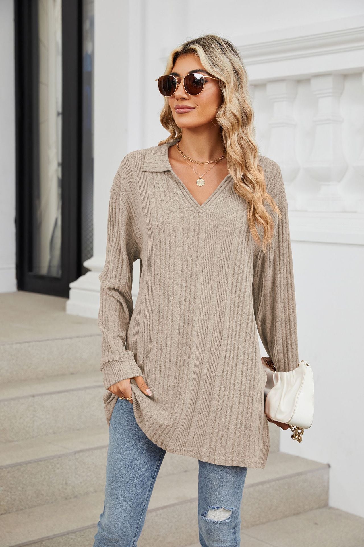 Solid Color V-neck Long-sleeved Loose T-shirt Top