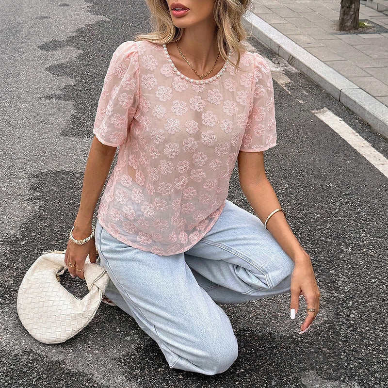 Floral Textured Blouse Short Sleeve Puff Top Casual