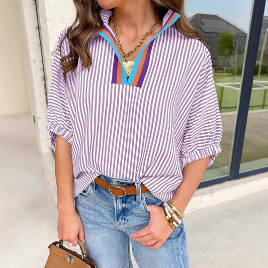 Striped V-Neck Colorblock Blouse Puff  Sleeve Casual Top