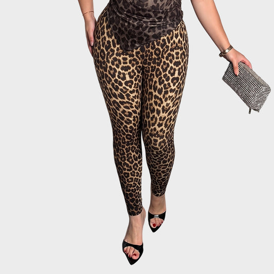 Leopard Print Faux Leather Leggings High Waist Slim Fit