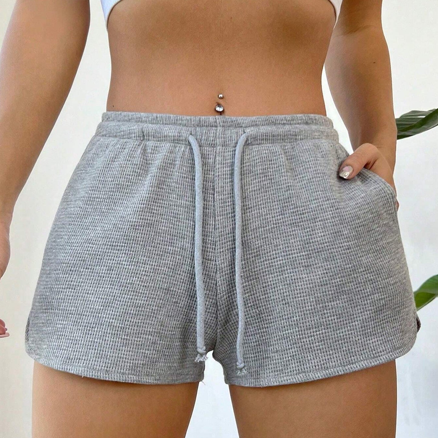 Textured  Shorts Lounge Drawstring Elastic Waist