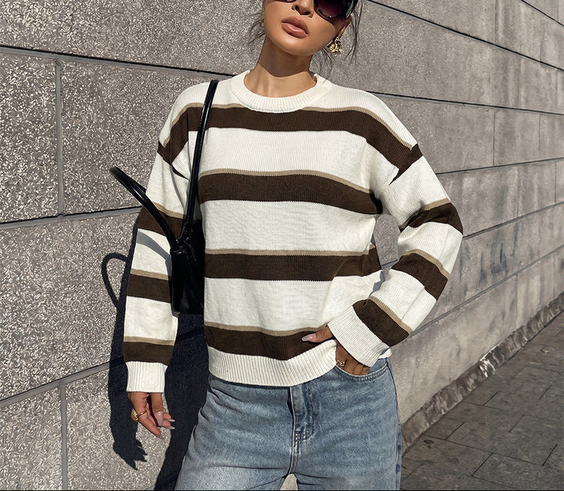 Brown Stripe Crew Neck Oversized Sweater