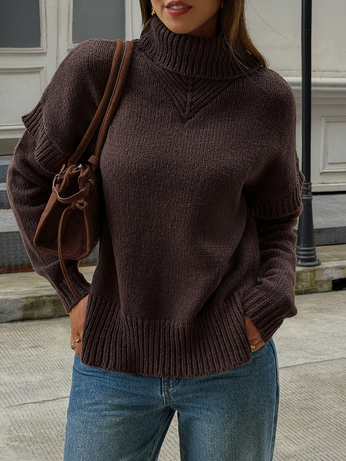 Women's Brown Chunky Knit Turtleneck Sweater