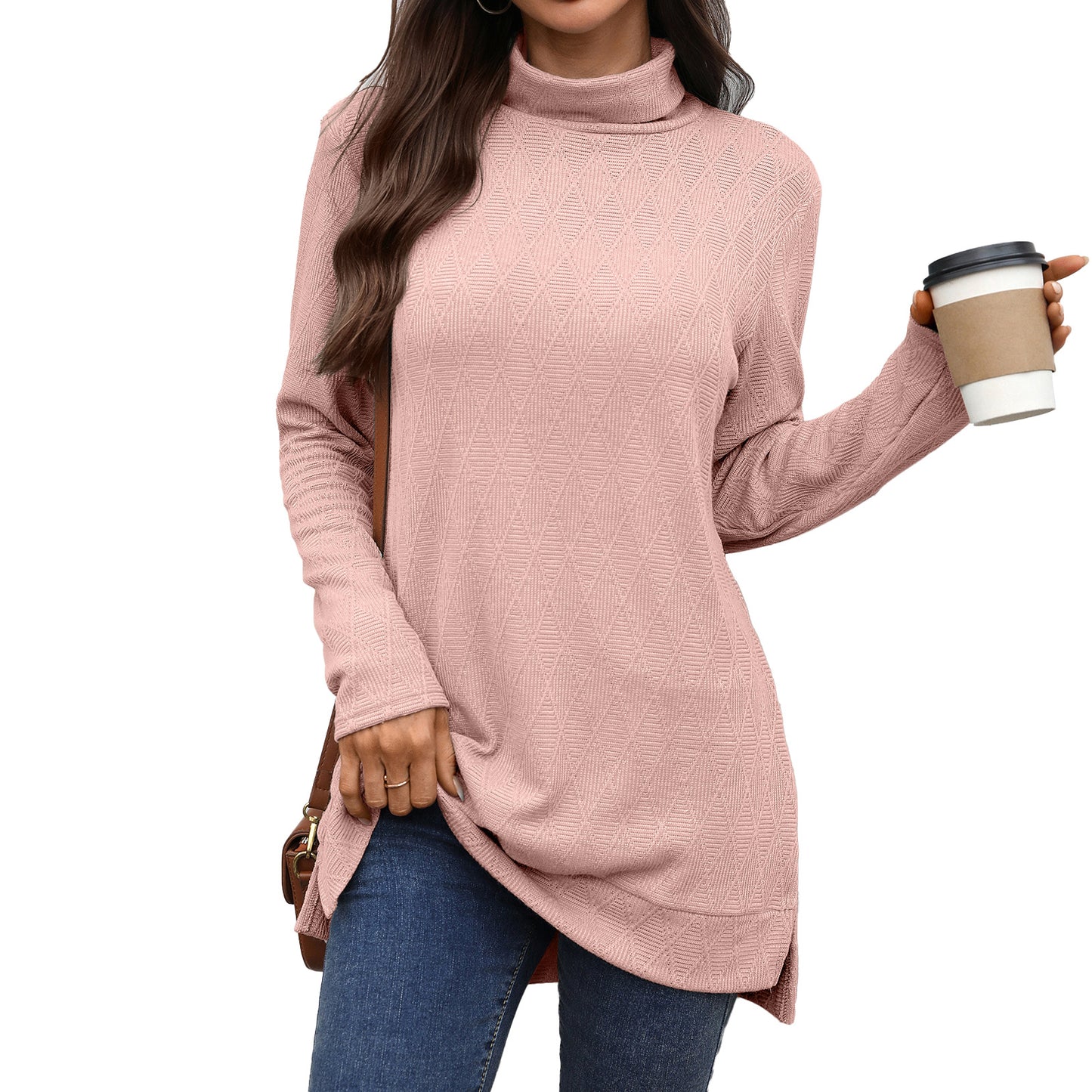 Oversized Turtleneck Long Sleeve Side Slit Tunic Top