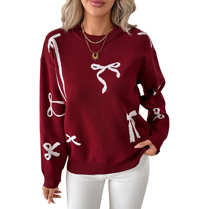 Red Bow Knit Christmas Sweater Round Neck Pullover
