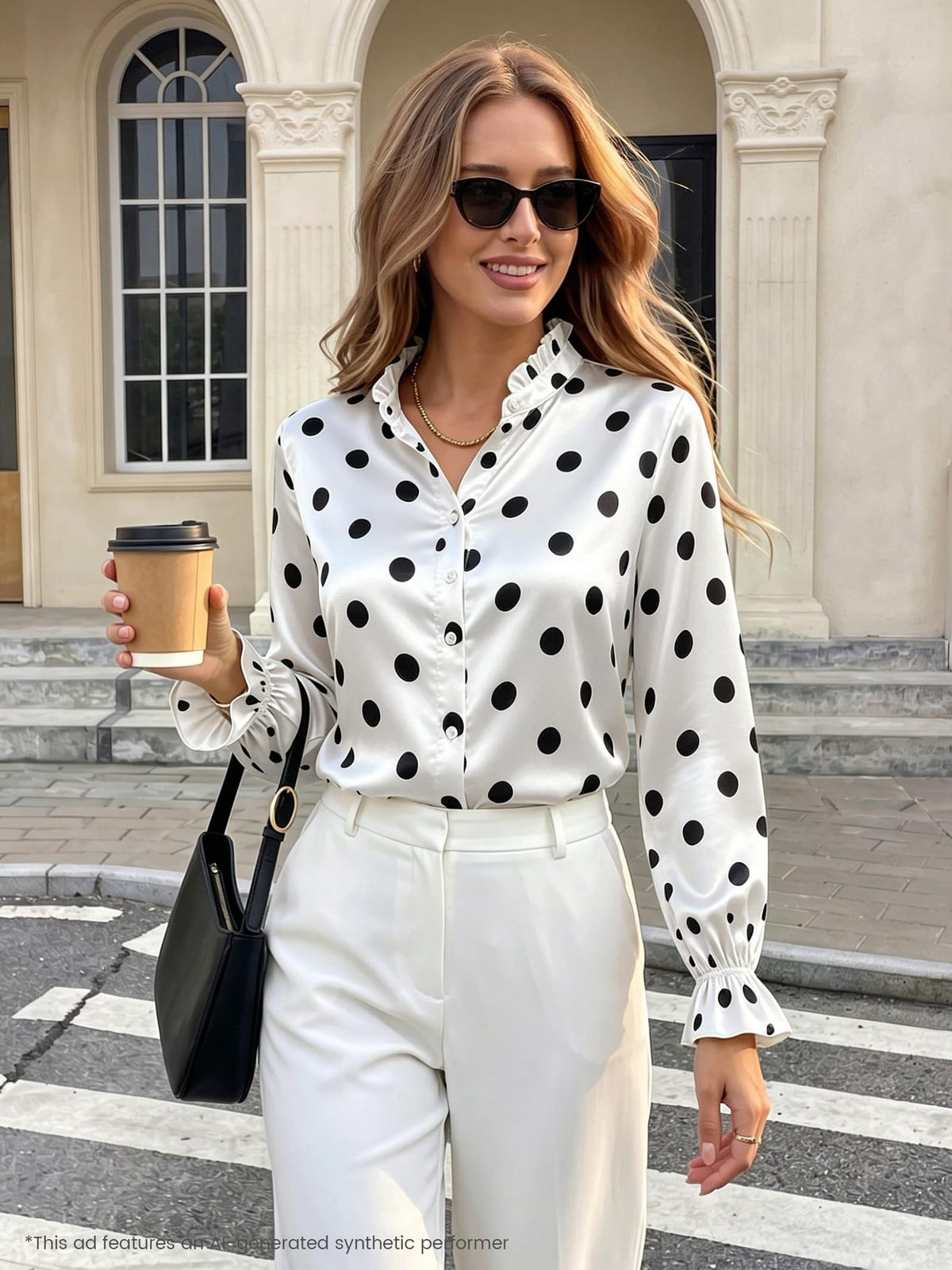 Women Polka Dot Satin Blouse Ruffle Collar Bell Sleeve Top