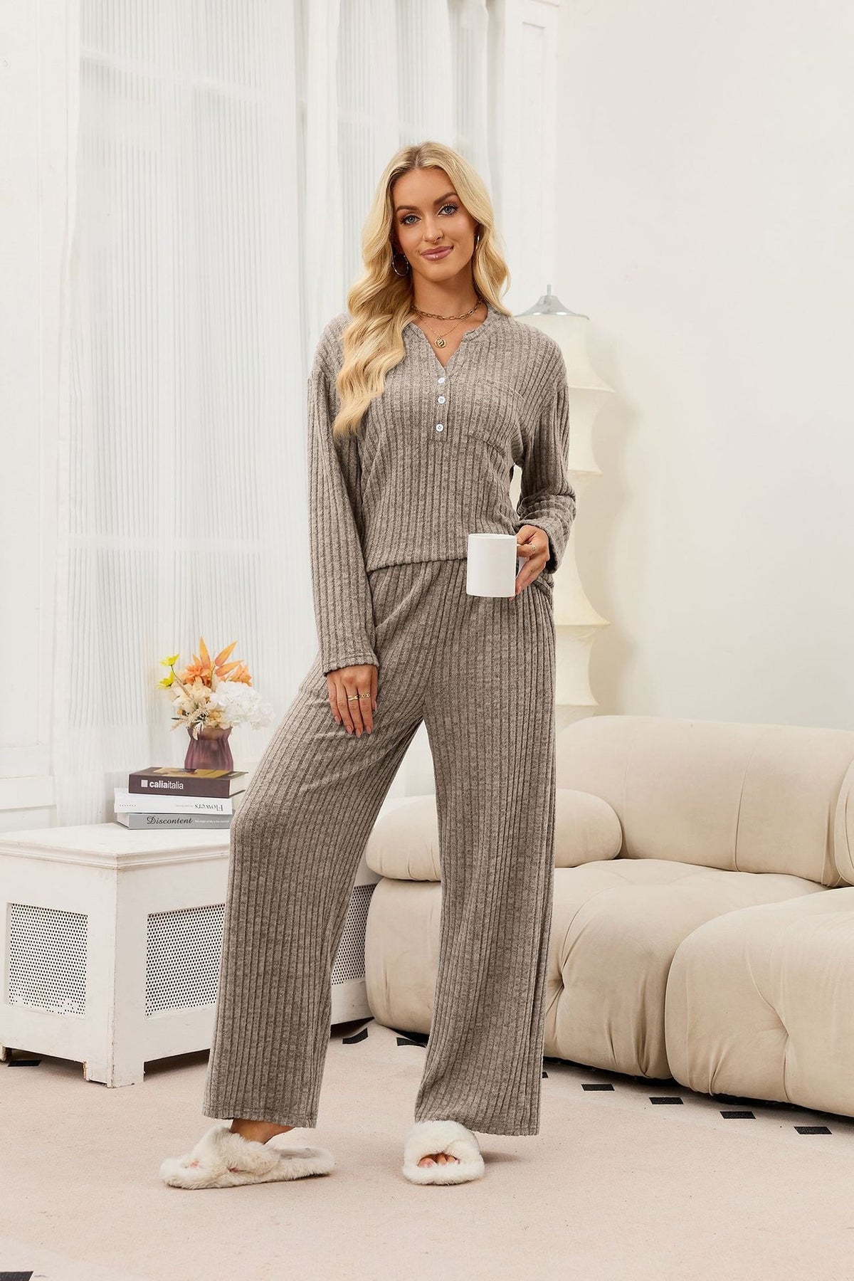 Women's Ribbed Knit Lounge Set Button Front Top & Pants