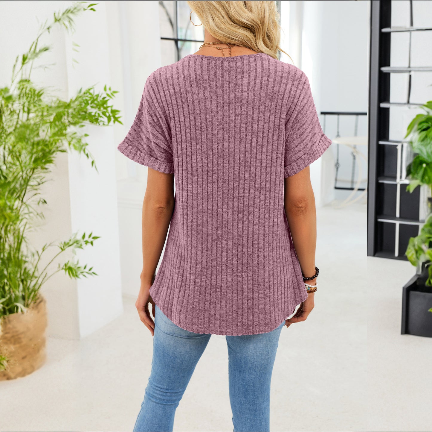 Ribbed Knit Tunic Top Button V Neck Tee