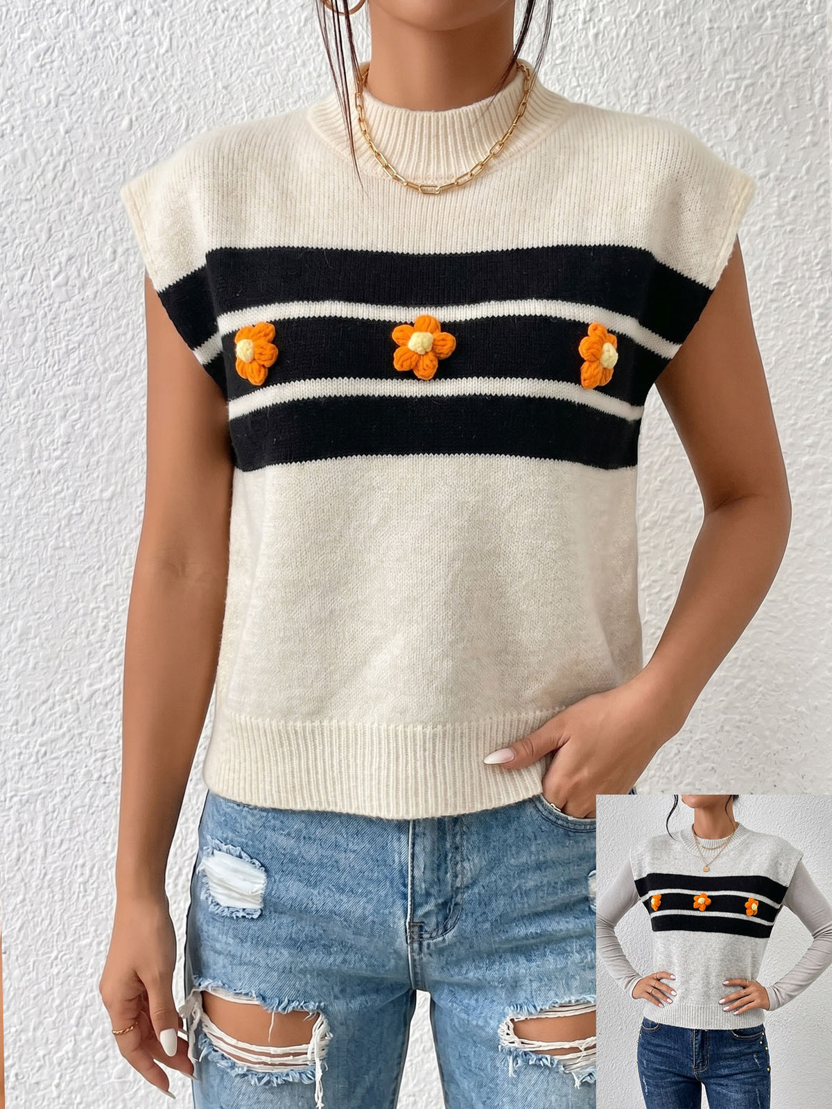 Women's Striped Crochet Flower Sweater Vest