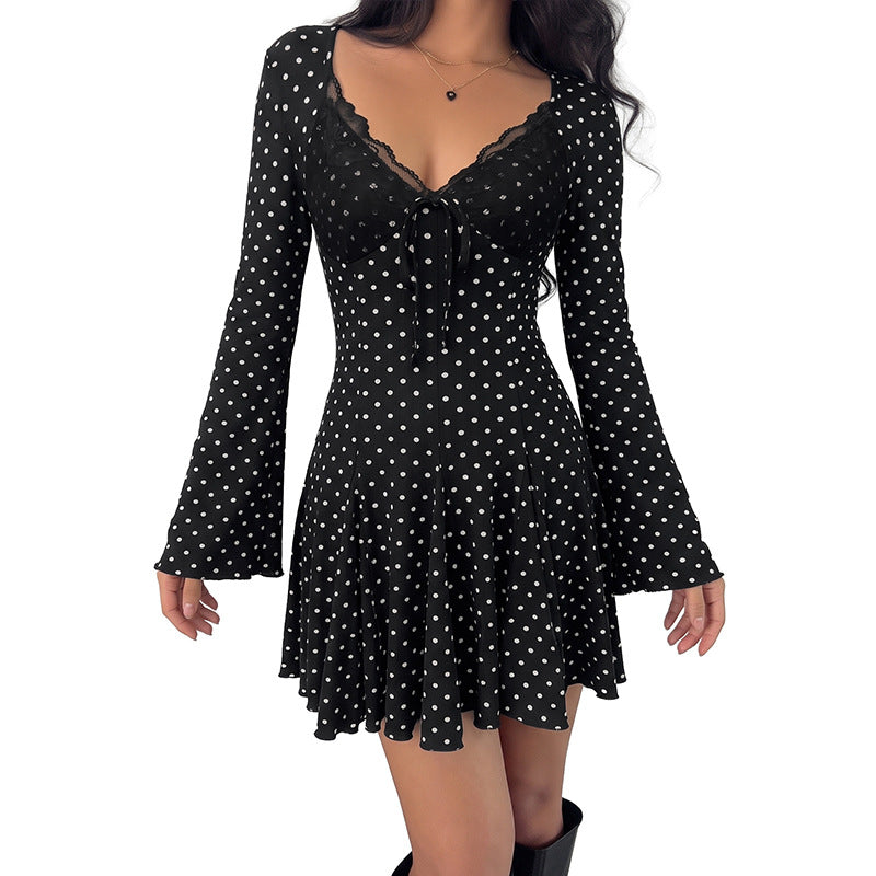 Polka Dot Lace V Neck Mini Dress Vintage Long Sleeve
