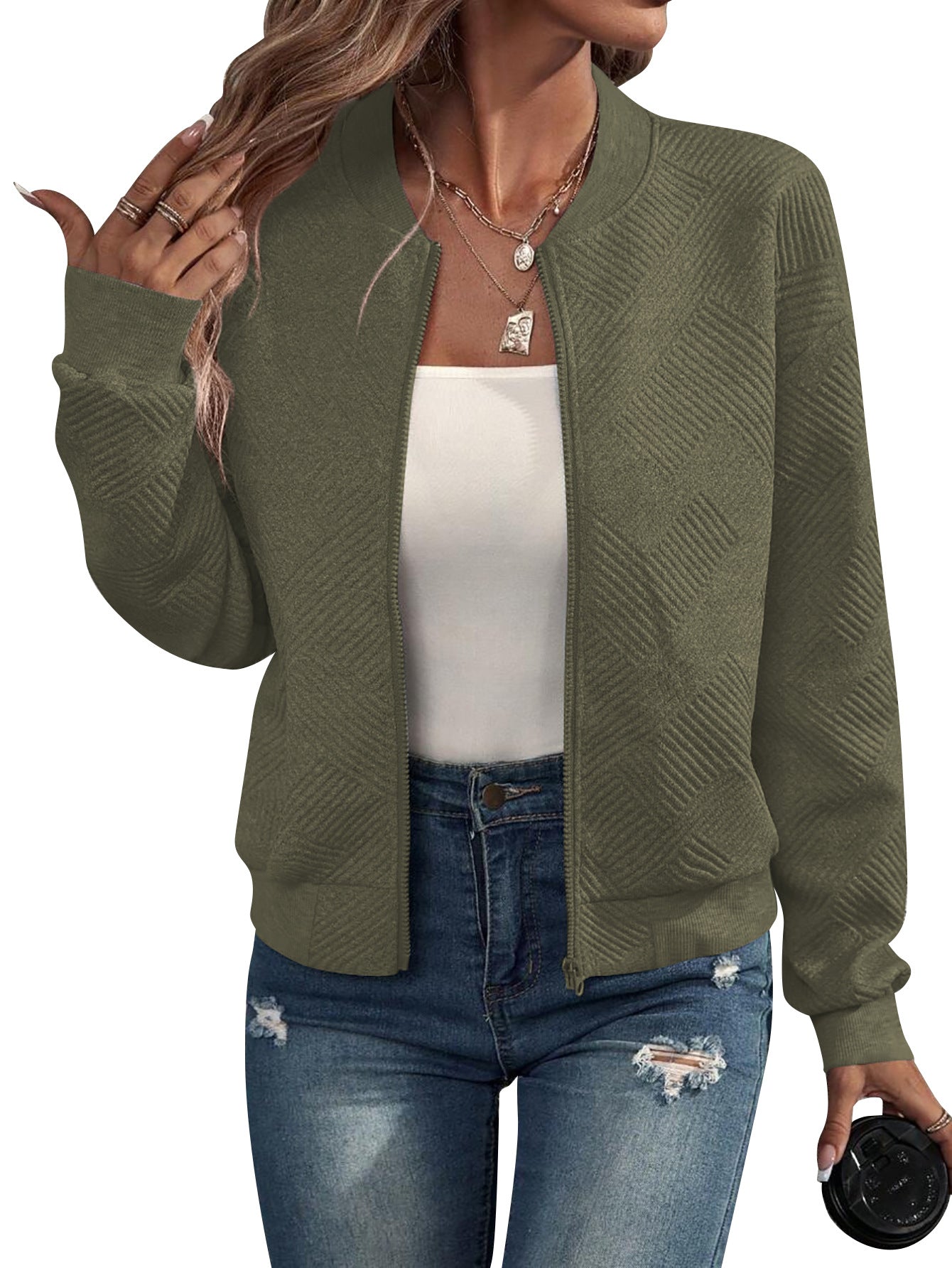 Geometric Textured Bomber Jacket with Pockets