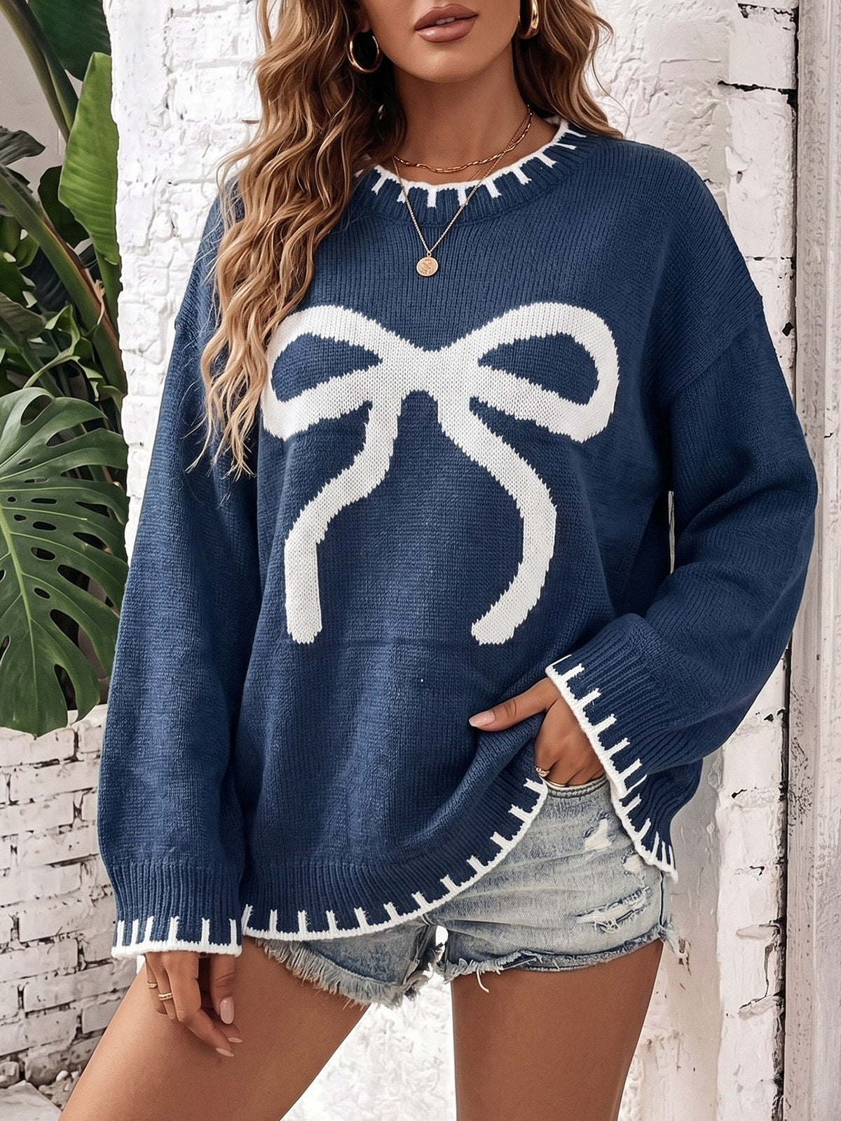 Women's Oversized Bow Crewneck Chunky Knit Sweater