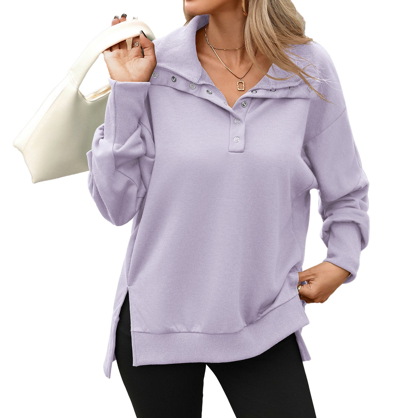 Women's Oversized Button Collar Long Sleeve Sweatshirt