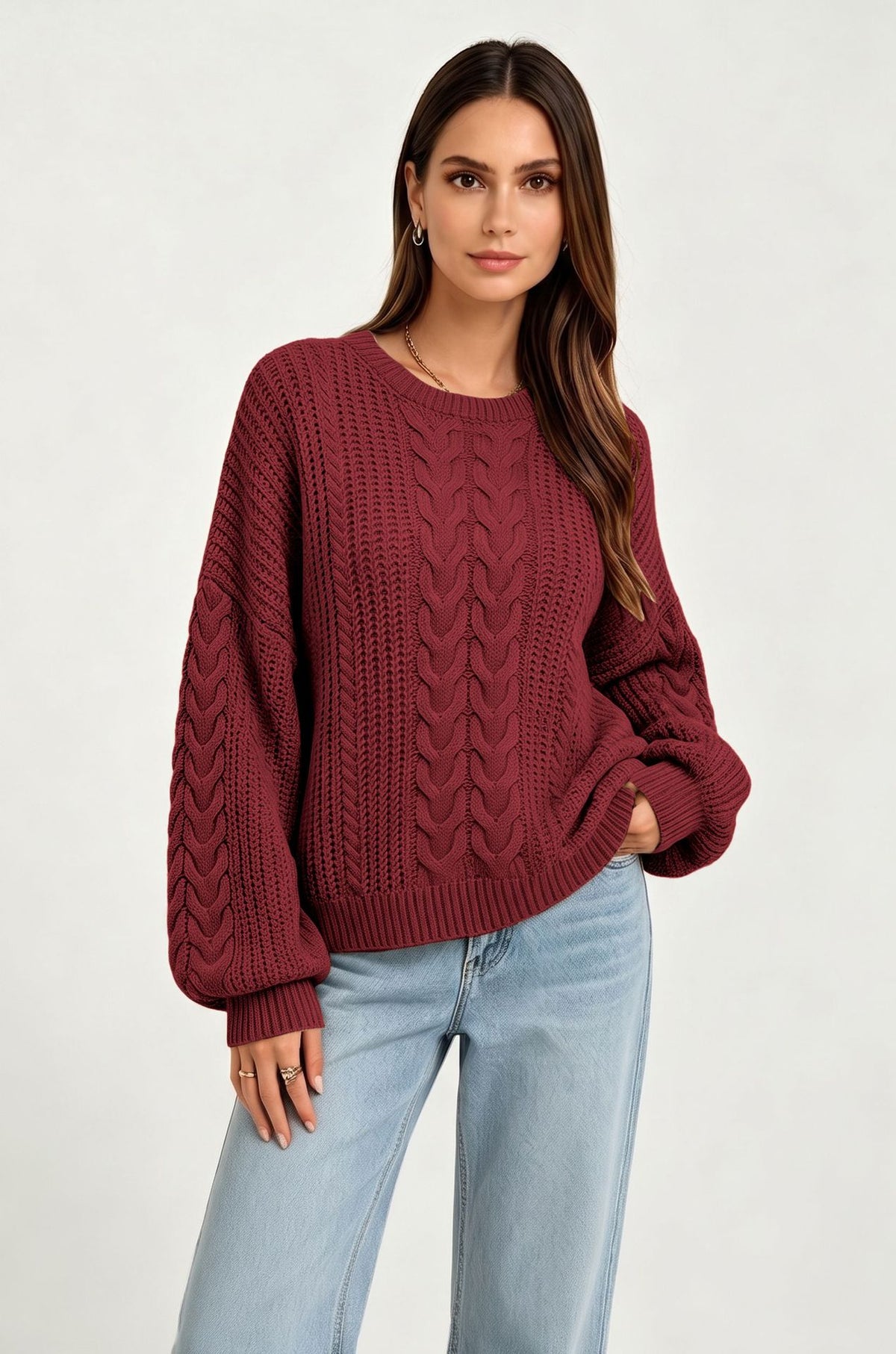 Women's Oversized Cable Knit Crew Neck Sweater