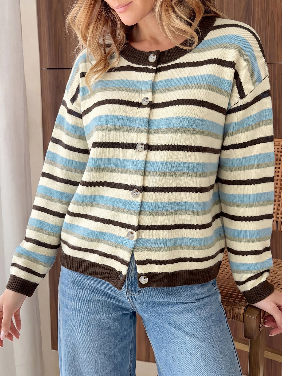 Oversized Striped Crew Neck Button Front Knit Cardigan