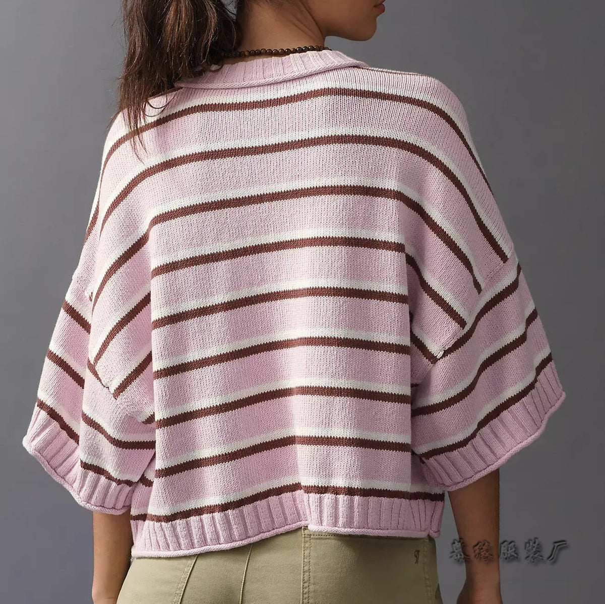 Women's Oversized Striped Short Sleeve Crewneck Sweater