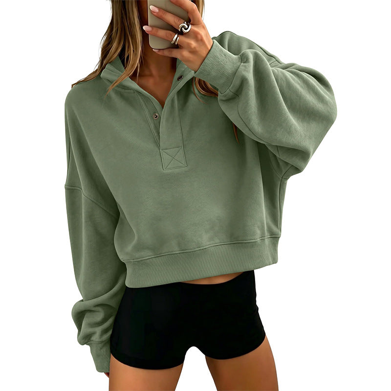 Cropped Henley Sweatshirt Collared Relaxed Fit